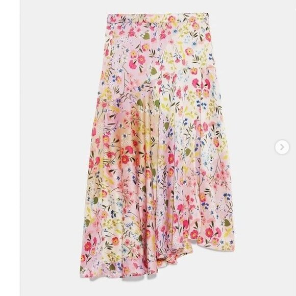 Zara Floral Satin Effect Asymmetric Midi Skirt Size XS - Picture 4 of 10